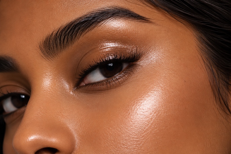 Gros plan beauté sur l'œil d'une femme au teint indien, peau lumineuse, sans bordure