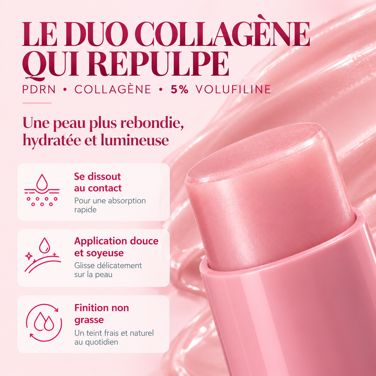 Le duo collagène qui repulpe – présentation de la texture du stick rose