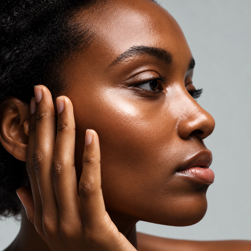 Portrait beauté de profil d'une femme noire, sans bordure, peau lumineuse