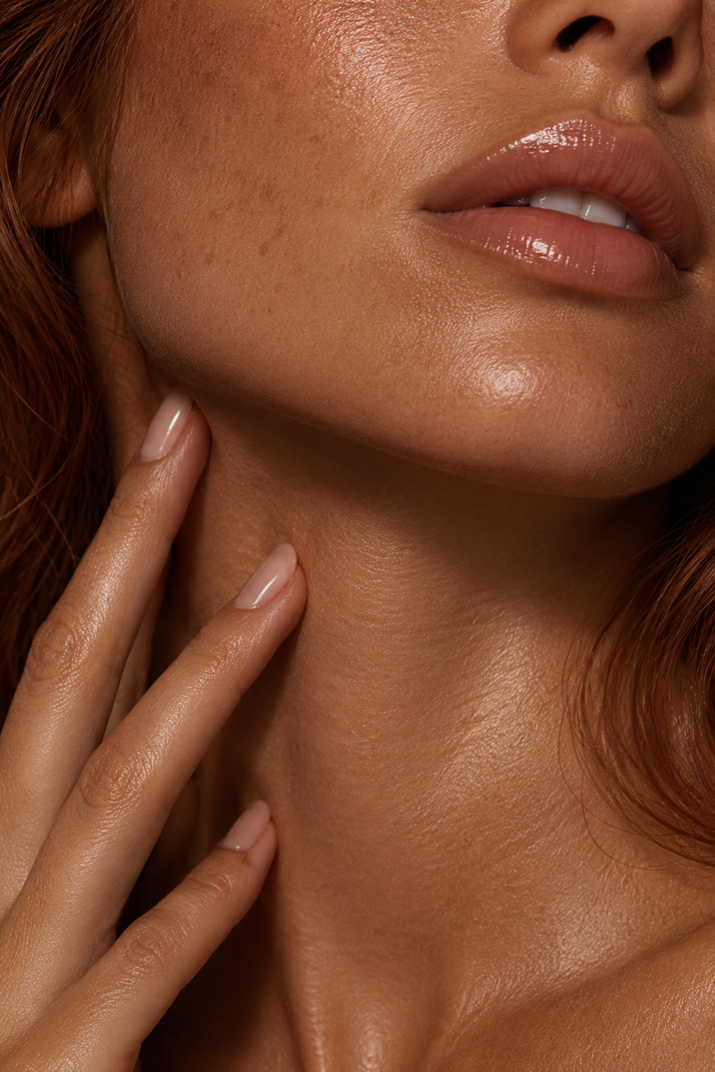 Gros plan beauté d'une femme rousse, lèvres et cou avec main posée sur le cou